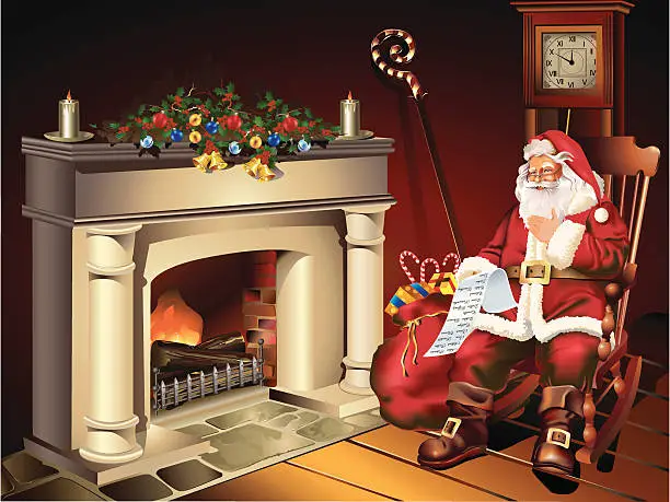 Vector illustration of Illustration Santa Claus Sitting Beside Fireplace Checking List