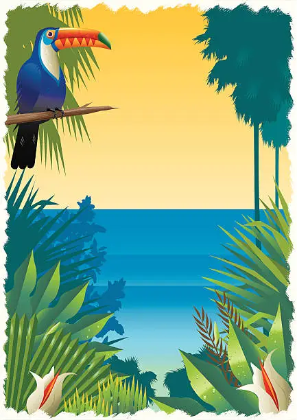 Vector illustration of Tropical Beach Scene with Toucan