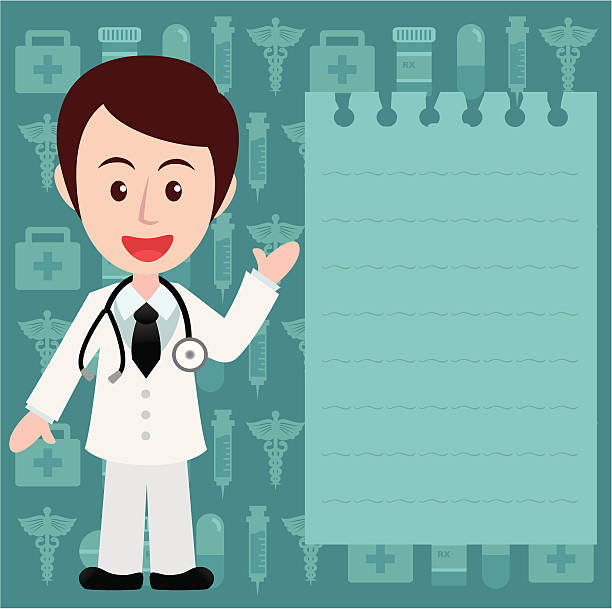 young doctor with note paper a young doctor with medical background. all items are well grouped and easy to change colors. cartoon of caduceus medical symbol stock illustrations