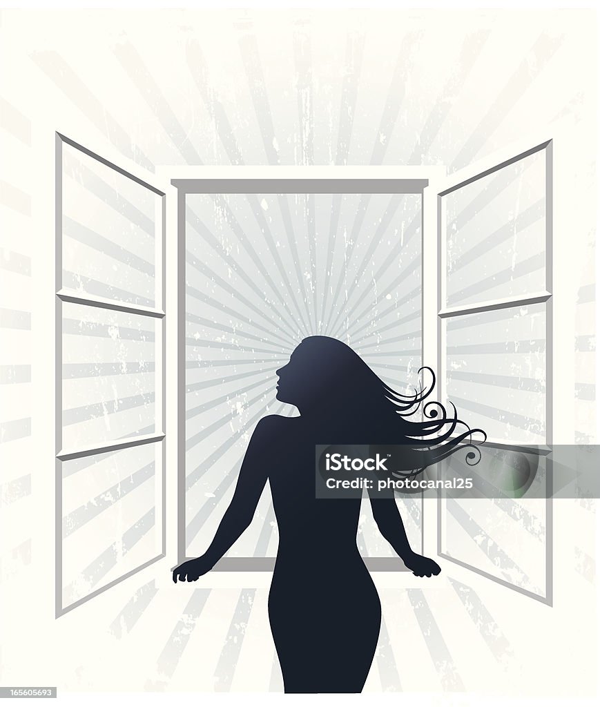 Discovering Everything Illustration of a young girl leaning on window, in a grunge style. Illustrator CS2 file also included. Separated layers. No gradient mesh. Balcony stock vector