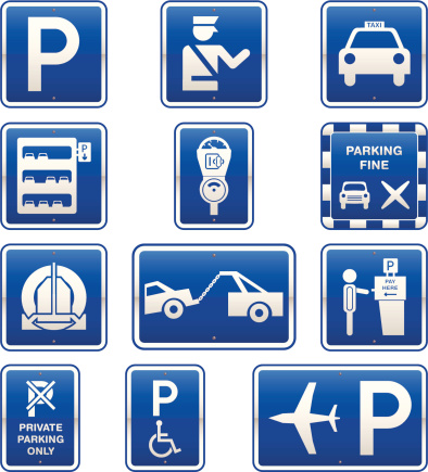 Collection of car park signs and information.