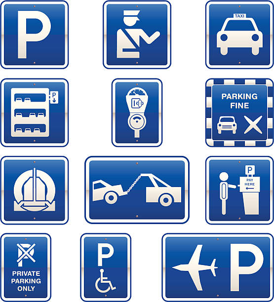 Car Parking Signs Icon Set Collection of car park signs and information. traffic police stock illustrations