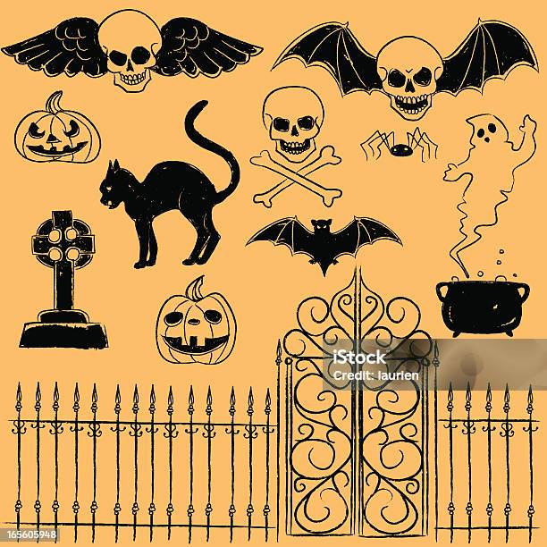 Halloween Elements Stock Illustration - Download Image Now - Black Color, Domestic Cat, Doodle