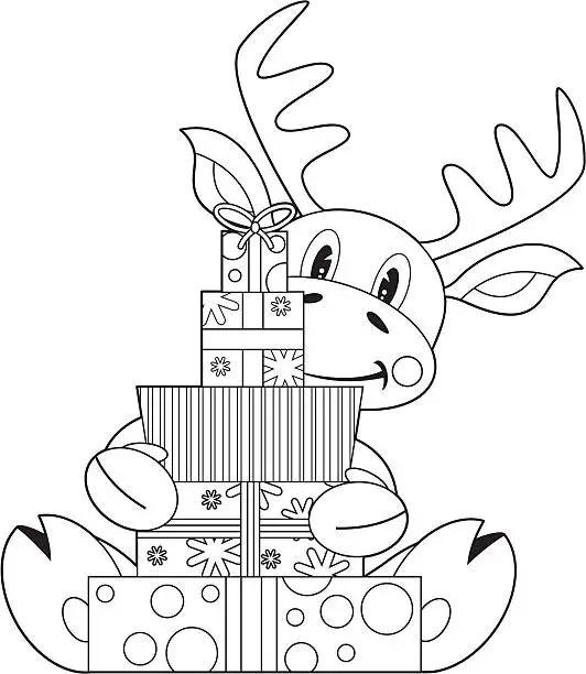 Vector illustration of Colour In Reindeer Holding Gifts