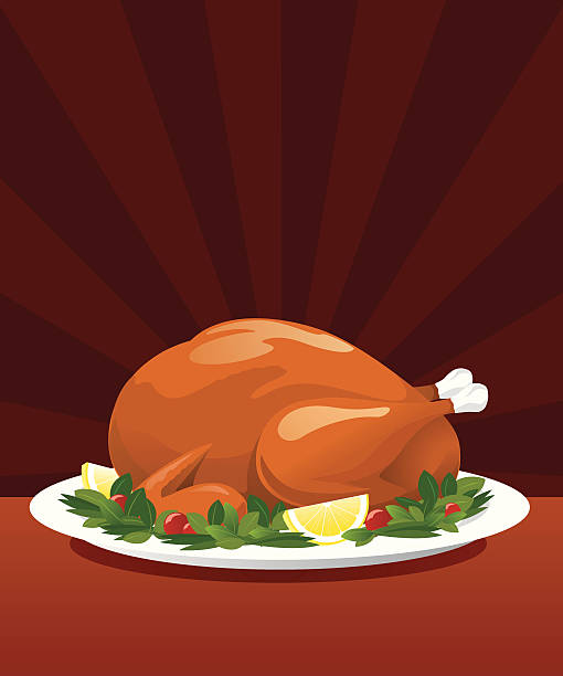 Delicious whole turkey set on a large platter Turkey dinner on a plate thanksgiving dinner stock illustrations