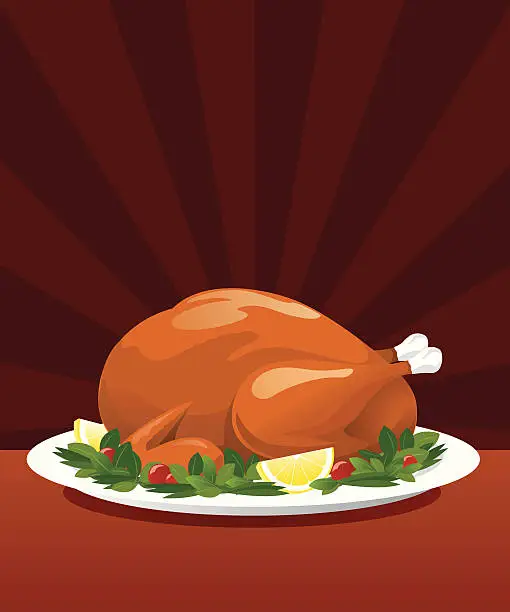 Vector illustration of Delicious whole turkey set on a large platter