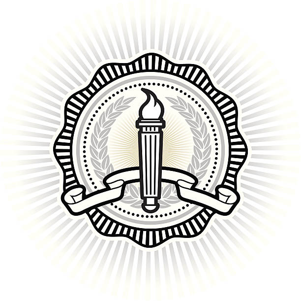 Collegiate seal "Collegiate style seal with laurel wreath, banner and torch." seal stamp stock illustrations
