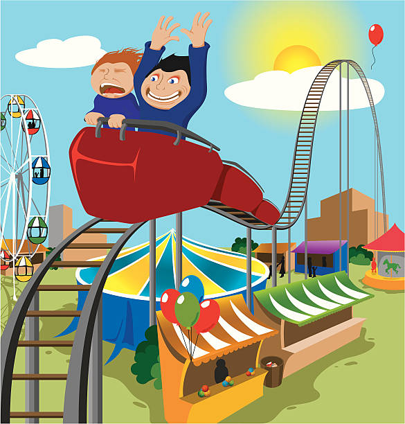 ilustraciones, imágenes clip art, dibujos animados e iconos de stock de dos niños ciclismo de montaña rusa - rollercoaster carnival amusement park carousel