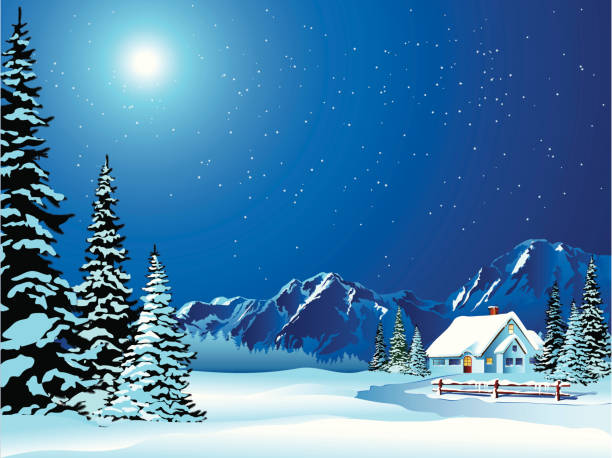 ilustraciones, imágenes clip art, dibujos animados e iconos de stock de historieta paisaje de invierno cubierto de nieve de una cabaña en - winter snow landscape house