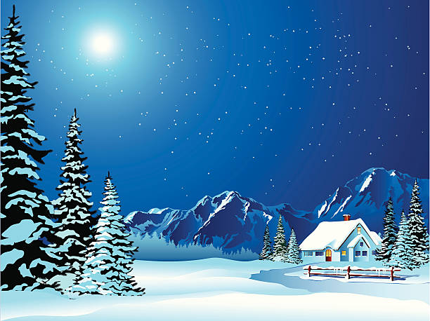 Cartoon Winter Landscape of Cottage Covered in Snow Other Winter and Christmas: moonlight illustrations stock illustrations
