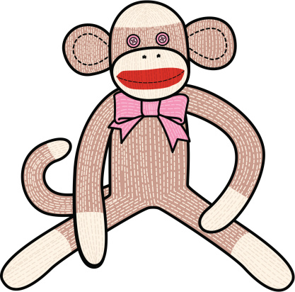 Vector illustration in a cartoon style of a sock monkey wearing a bright pink tie. Layers are named for easy editing in any vector program. To see more sock monkeys, check out 8135557, 8135548, and 8135534.