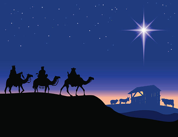 The three kings of christian beliefs illustration Illustration depicting the three kings of the orient arriving at the nativity. christmas three wise men camel christianity stock illustrations