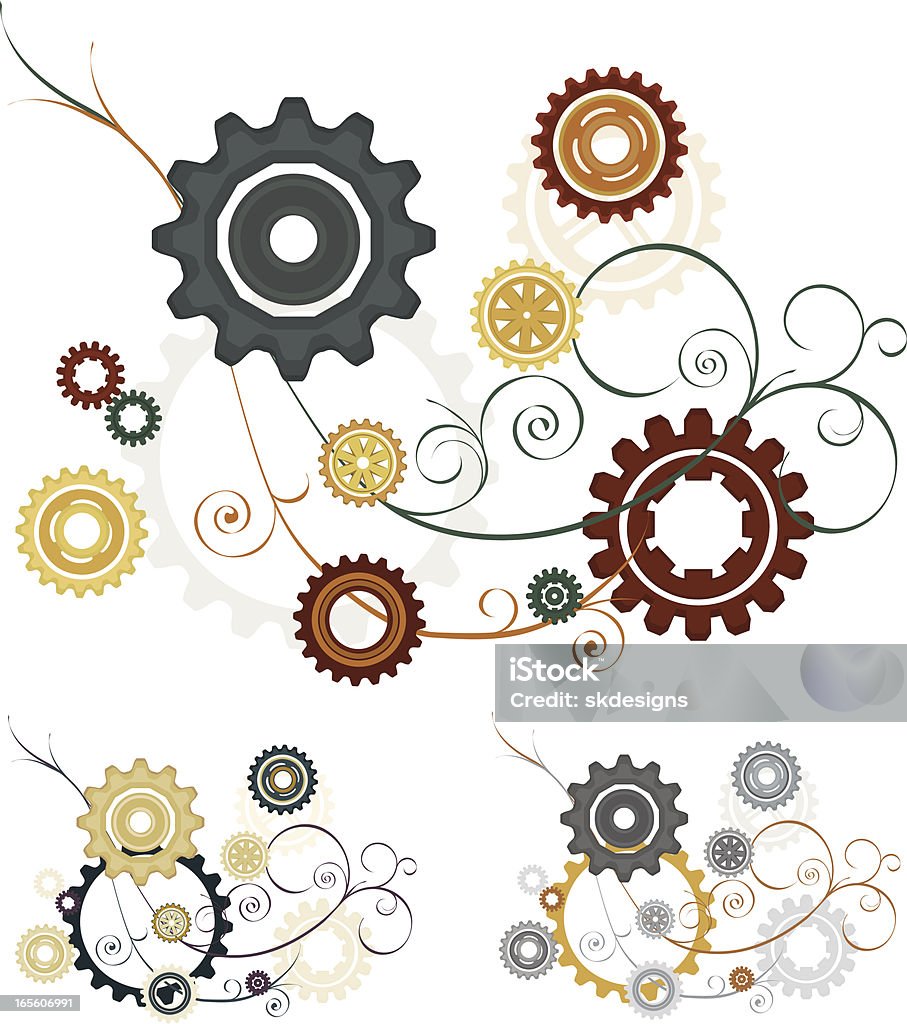 Gears, Swirls, Scrolls Design Elements in Several Coordinating Color Schemes Gears and swirly lines designs in three coordinating color schemes from which to choose - or use them all within your same design project. A variety of multi-color gears and beautiful curved lines with swirls and curls.  Brown stock vector