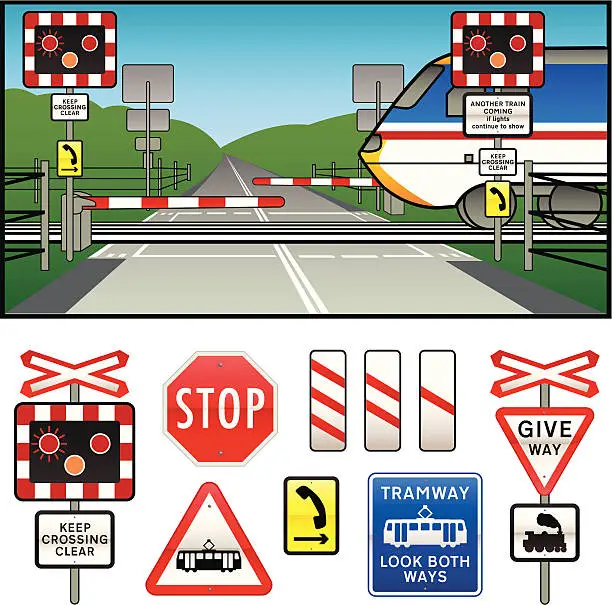 Vector illustration of Level Crossing warning Signs Collection