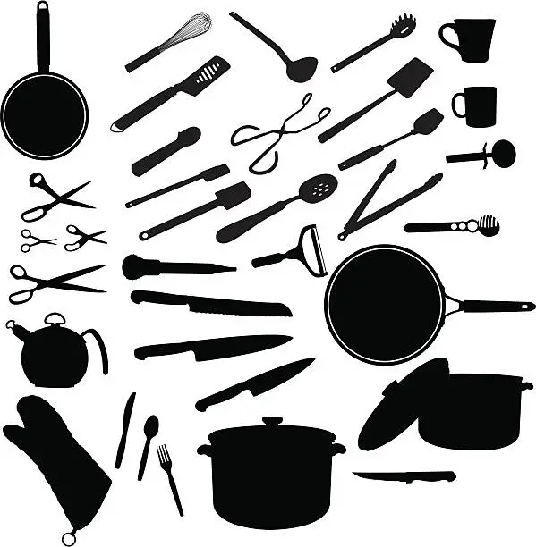 Vector illustration of Cooking Tools Utensils, Pots & Pans, Tongs, Spatulas
