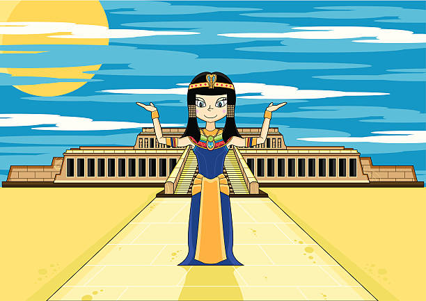 ilustraciones, imágenes clip art, dibujos animados e iconos de stock de estilo cleopatra queen en el templo de hatshepsut - traje de reina egipcia