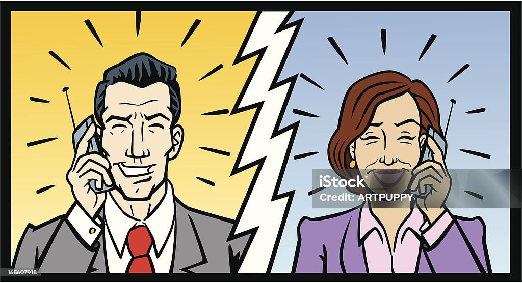 Business Man and Woman On Cell Phones Great illustration of a businessman and woman talking on cell phones. Perfect for business or telecommunication illustration. EPS and JPEG files included. Be sure to view my other business illustrations, thanks! Adult stock vector