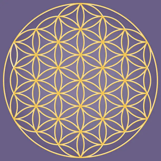 Vector illustration of Yellow flower of life symbol on purple background