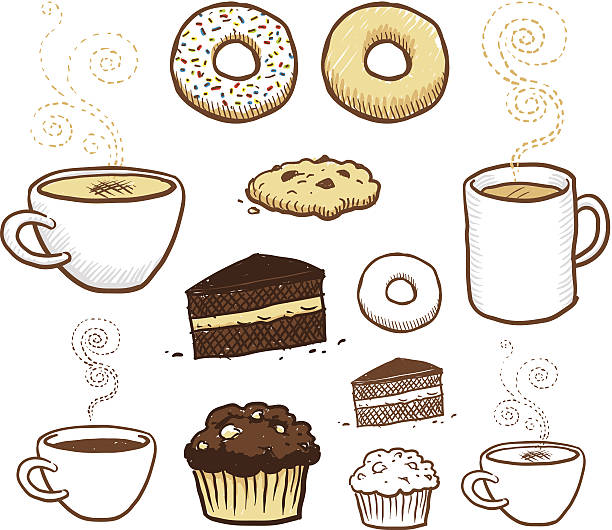 Coffee break Sketchy hand drawn coffee cups and baked goods coffee cup illustrations stock illustrations
