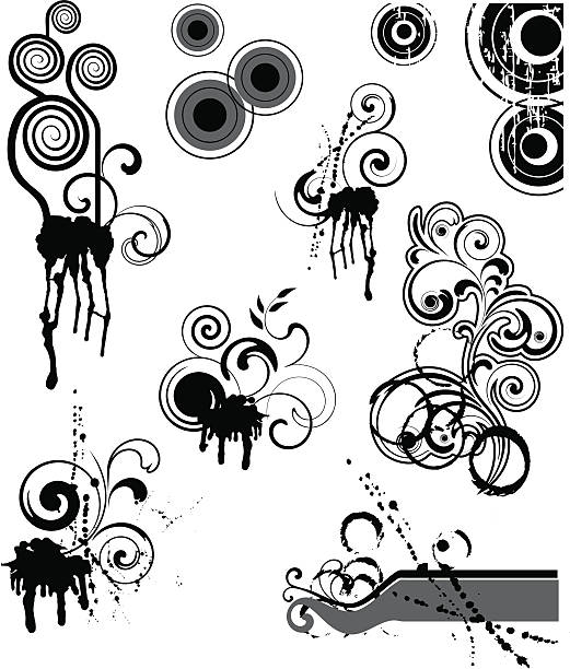 grunge design-elemente - flourishes growth dirty circle stock-grafiken, -clipart, -cartoons und -symbole