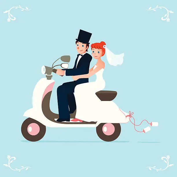 Vector illustration of newlywed bride and groom on a scooter
