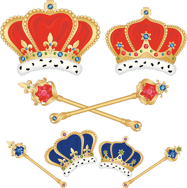 King & Queen Crowns and Scepters Vector illustration of king and queen crowns with matching scepters. Includes ai8.eps & .jpeg formats. sceptre stock illustrations