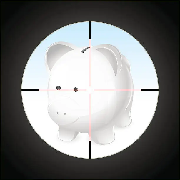 Vector illustration of Danger! Piggy bank under a sniper scope