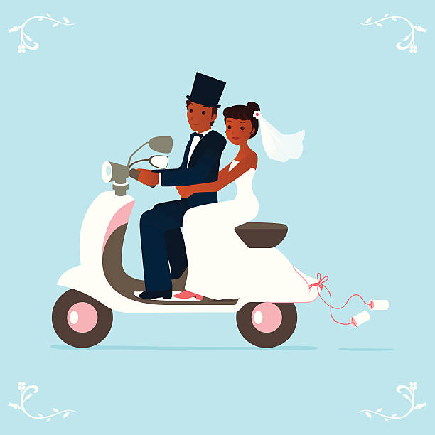 newlywed bride and groom on a scooter a pair of cute newlyweds on a scooter! african bride and groom stock illustrations