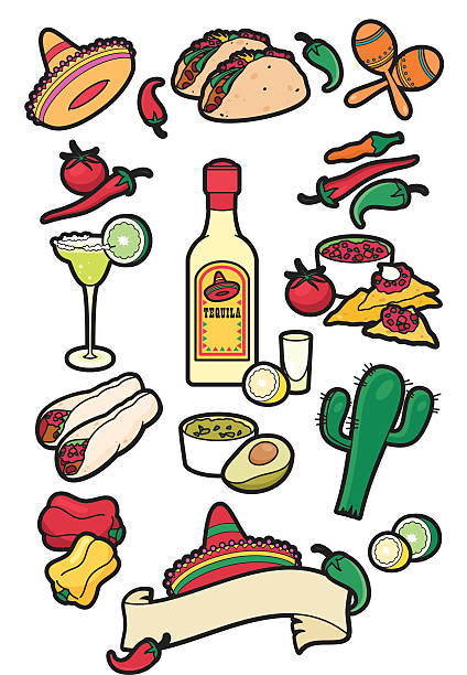 멕시코 음식 아이콘 - shot glass mexican culture lime alcohol stock illustrations