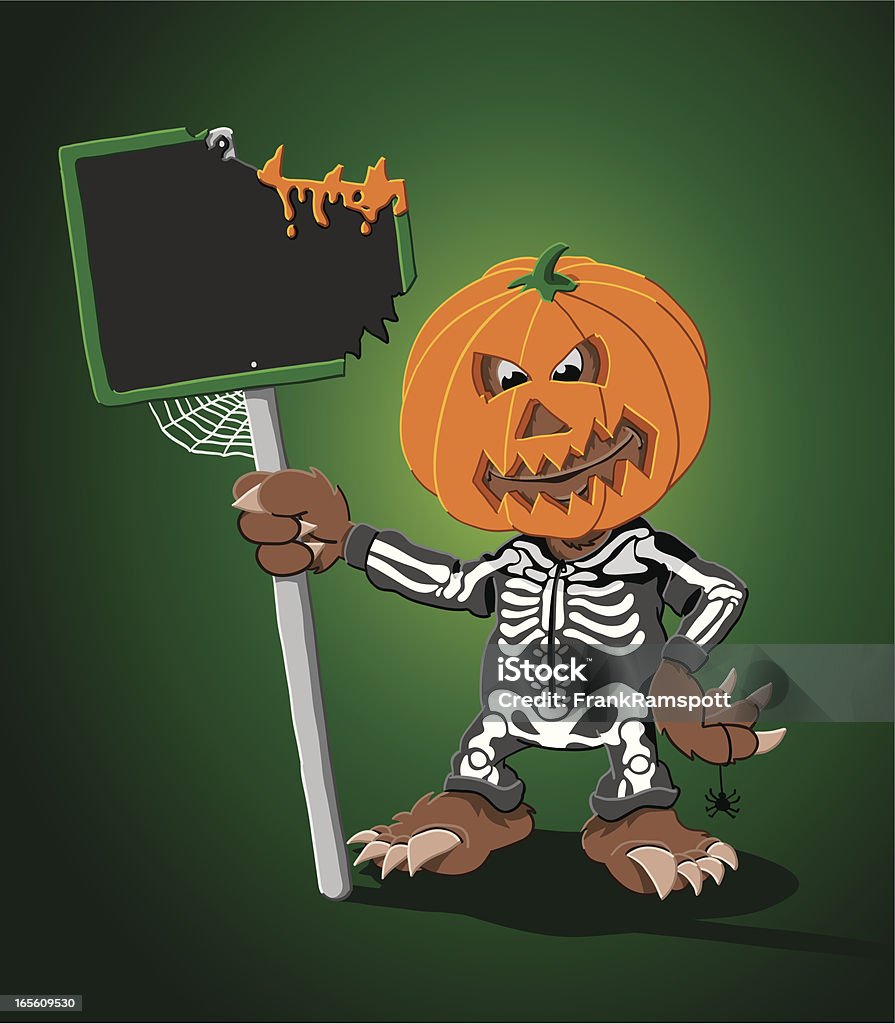 Halloween Cartoon Man Blank Broken Sign "Vector Illustration of a cartoon halloween werewolf, who is holding a blank sign. The background is on a separate layer, so you can use the illustration on your own background. The colors in the .eps-file are ready for print (CMYK). Included files: EPS (v8) and Hi-Res JPG." Halloween stock vector