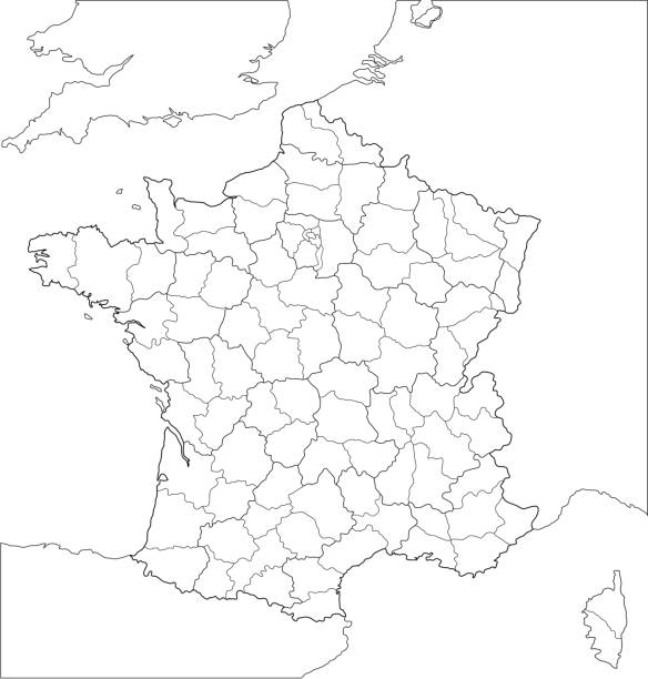 French regional map-line version. "A map of France, showing all the major administrative regions , as well as the sub-divisions of the regions." rhone alpes stock illustrations