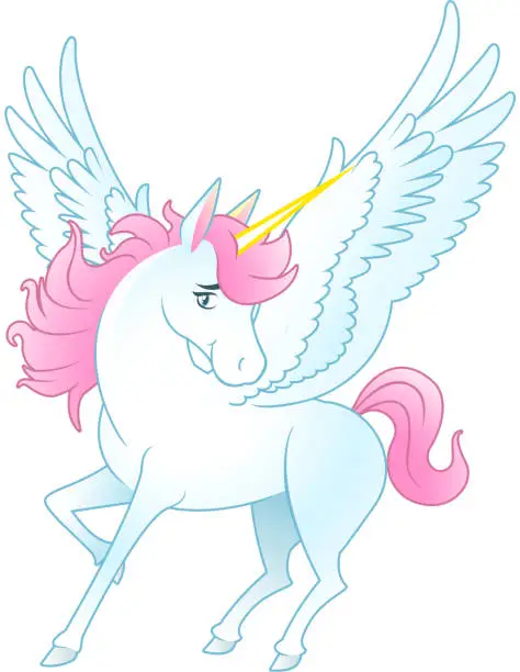 Vector illustration of Unicorn Pegasus with opened wings and yellow horn