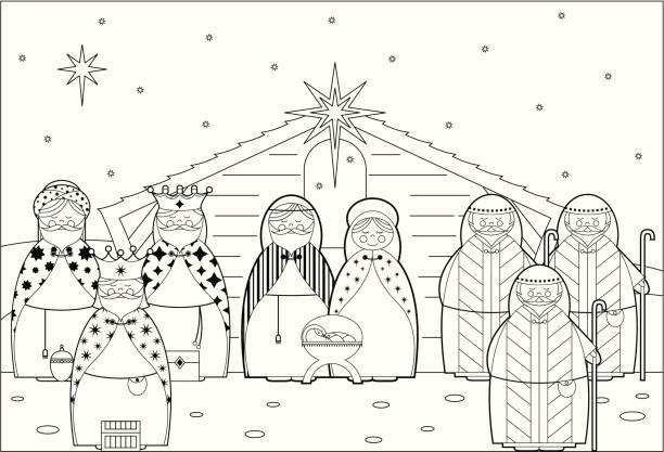 Color In Nativity Barn Scene Color in Nativity barn and manger scene. With characters Joseph, Virgin Mary, Baby Jesus, the Three Kings & Shepherds. spirituality smiling black and white line art stock illustrations