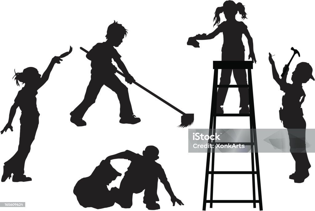 Kids Helping Silhouette of kids doing humanitarian activities. Tools, etc. can be separated. File formats included: eps and jpg. In Silhouette stock vector