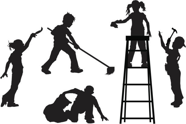 Kids Helping Silhouette of kids doing humanitarian activities. Tools, etc. can be separated. File formats included: eps and jpg. girl with a hammer stock illustrations