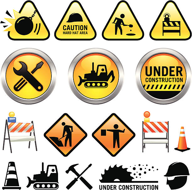 ilustrações de stock, clip art, desenhos animados e ícones de em construção - construction site sign road warning sign warning sign