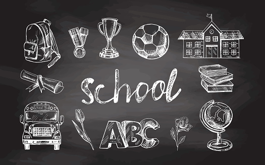 Back to School, hand drawn school supplies - big sketch set on chalkboard background . Doodle lettering and school object collection. Education Concept. Vintage sketch element. Back to School.