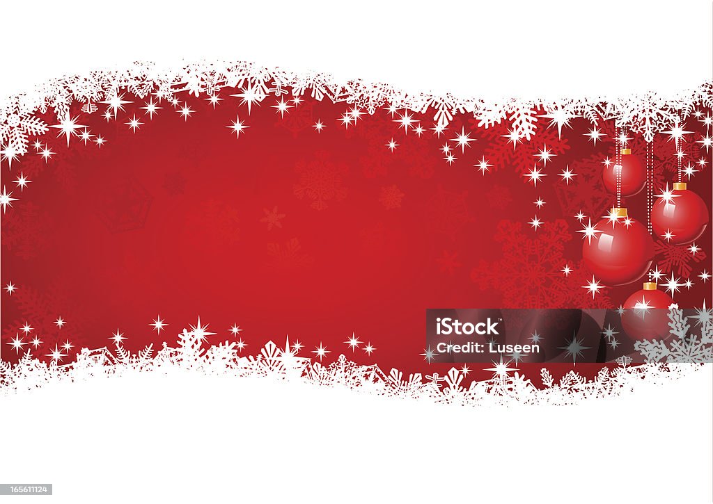 Christmas background with snowflakes, baubles, and glitters The white snowflakes on top and bottom are on top of the red background and can be moved about. Things are grouped logically. Very large JPEG also included. Christmas stock vector