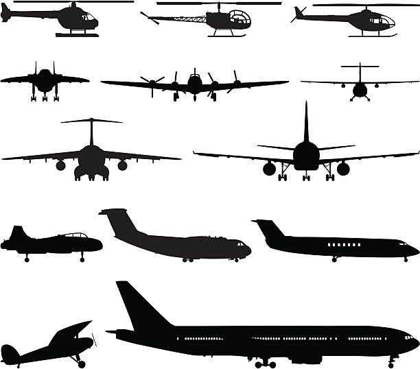 Aircraft Planes and helicopters. airplane silhouettes stock illustrations