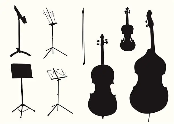 Vector illustration of String Instruments, Music Stands Vector Silhouette