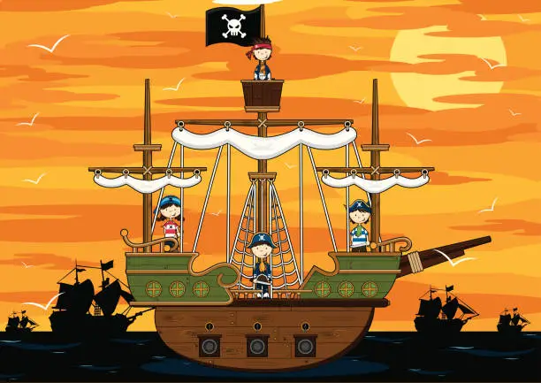 Vector illustration of Pirates on Pirate Ship at Sunset