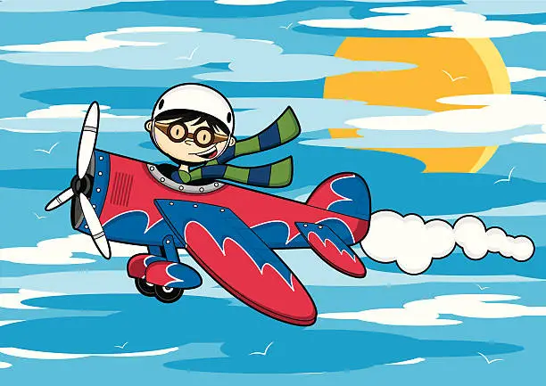 Vector illustration of Pilot Boy Flying Plane