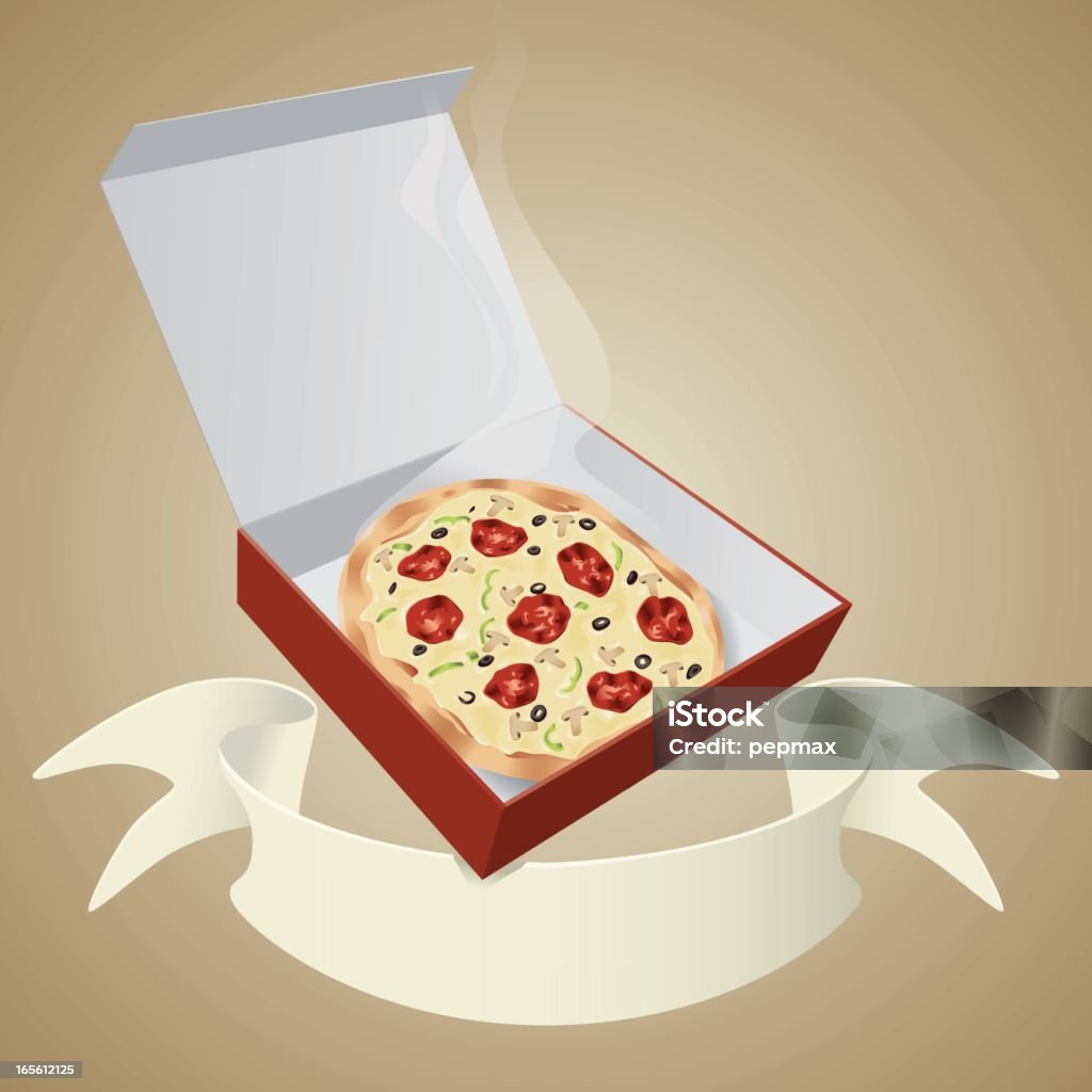 Smoky pizza en caja de cartón con banner - arte vectorial de Aceituna negra libre de derechos