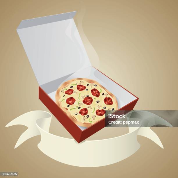 Ilustración de Smoky Pizza En Caja De Cartón Con Banner y más Vectores Libres de Derechos de Aceituna negra - Aceituna negra, Alimento, Caja de cartón