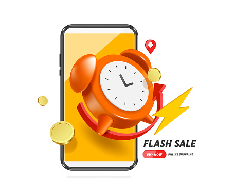 alarm clock is ringing and notifying of limited time promotions flash sale and cash back campaign and money or gold coins are floating around. All display on  smartphone, vector 3d for online shopping