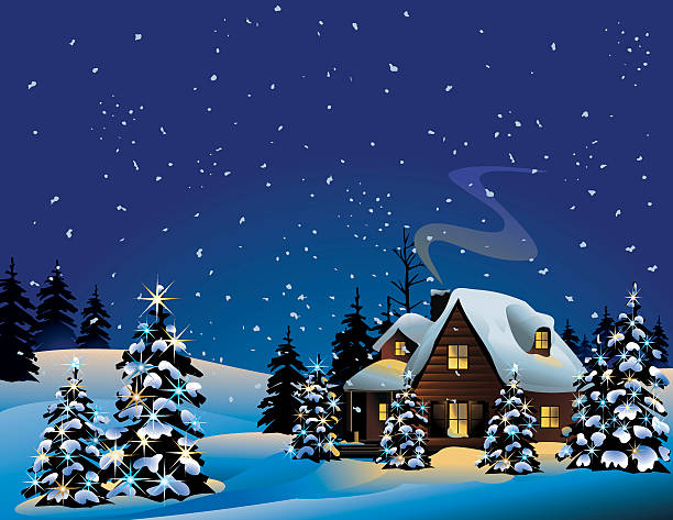 An illustration of a snowy Christmas night vector art illustration