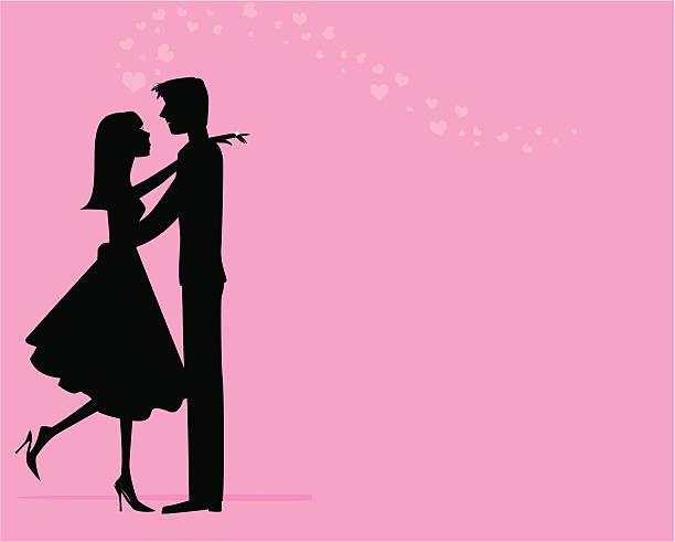 Happy engaged profile in black, on a pink background  A couple, newly engaged and in love. 60s style dresses stock illustrations