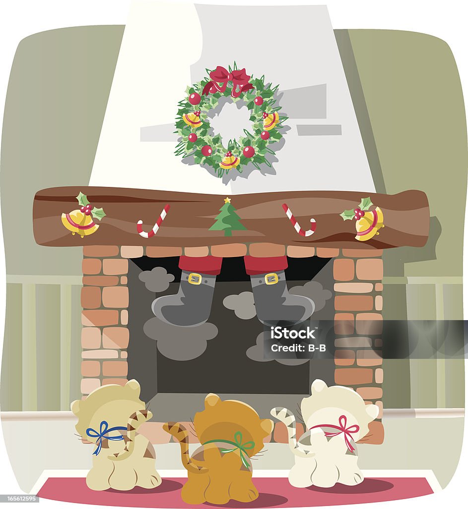 Santa is coming!! Three adorable kittens got santa coming down the chimney! Each element is drawn separately and entirely so you can move them as you wish. Animal stock vector