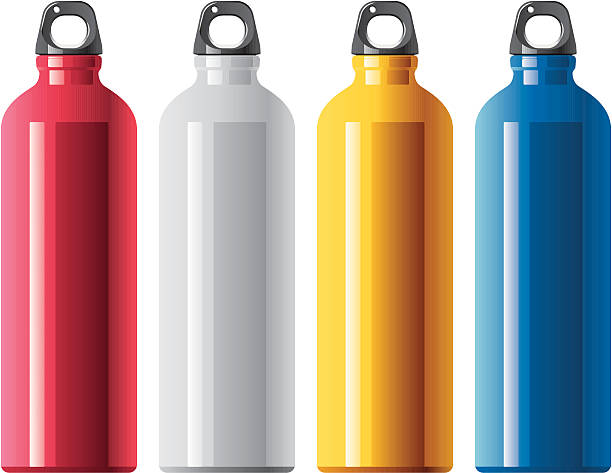 bildbanksillustrationer, clip art samt tecknat material och ikoner med four tall aluminum water bottles in different colors - water bottle cap