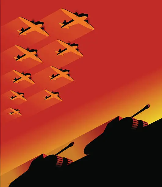Vector illustration of 9 planes in the sky on mechanized army